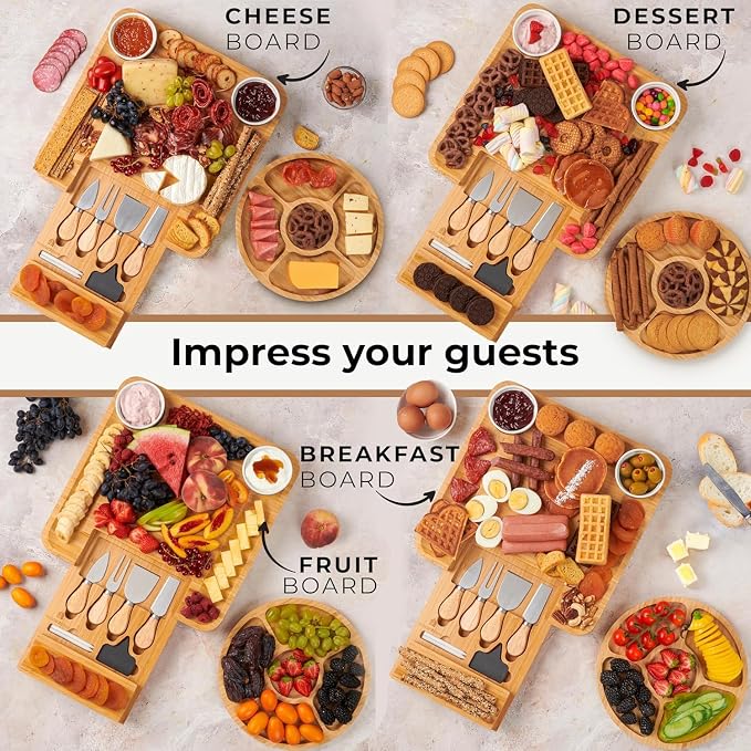 Bamboo Charcuterie Boards Gift Set - Meat and Cheese Tray with Utensils | Fruit Server & 2 Sauce Bowls Included – House Warming, Wedding & New Home Present