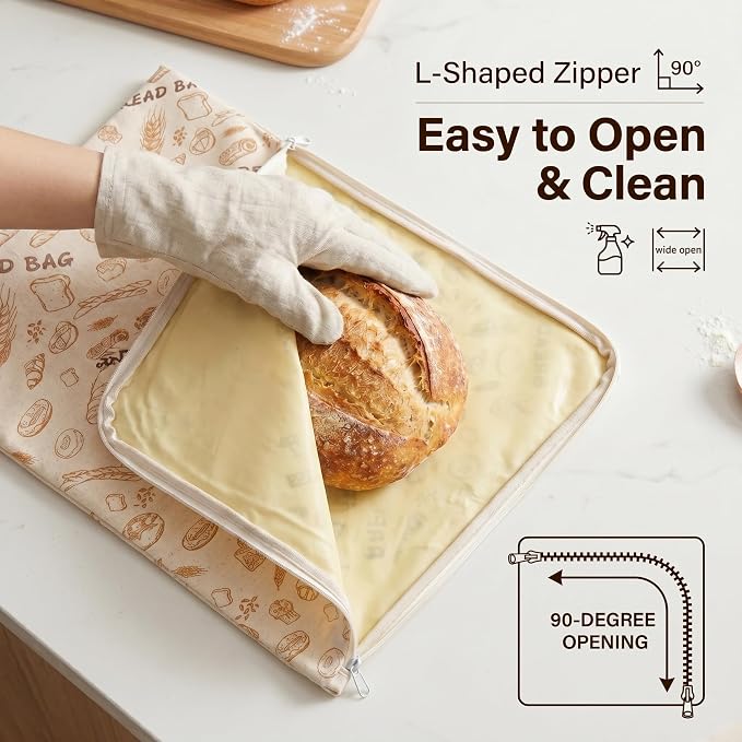 Two Styles Reusable Beeswax Bread Bags for Homemade Sourdough | Organic and Freezer Safe Bread Bags, Linen with Zipper and Buckle to Keep Bread Fresh, Great Gift for Baking Enthusiasts