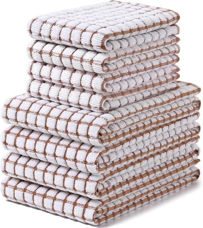 Homaxy Kitchen Towels and Dishcloths Set, Set of 8, Brown | Cotton Terry Kitchen Dish Towels, Super Soft and Absorbent Dish Cloths, 16 x 25 and 12 x 12 Inches