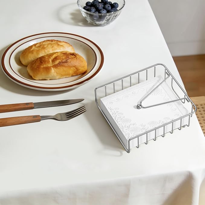 Napkin Holder for Table with Weighted Arm, Dinner Metal Flat Napkin Holders for Paper Napkins, Outdoor Napkin Dispenser Restaurant (Silver)
