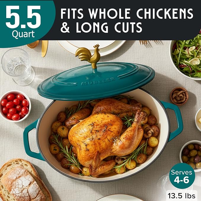 MUELLER HOME 5.5 Quart Enameled Cast Iron Oval Dutch Oven with Rooster Knob and Cotton Potholders, Heavy-Duty Cookware, Oven-Safe up to 500° F & Across All Cooktops, Thanksgiving Essentials, Emerald | Rooster Knob, Cotton Potholders Included, Heavy-Dut...