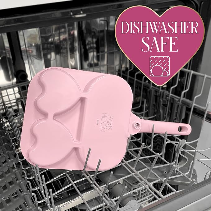 Paris Hilton Ceramic Nonstick Divided Skillet with Heart-Shaped Sections and Grill Plate, Cast Aluminum, Dishwasher Safe, 8-Inch, Pink