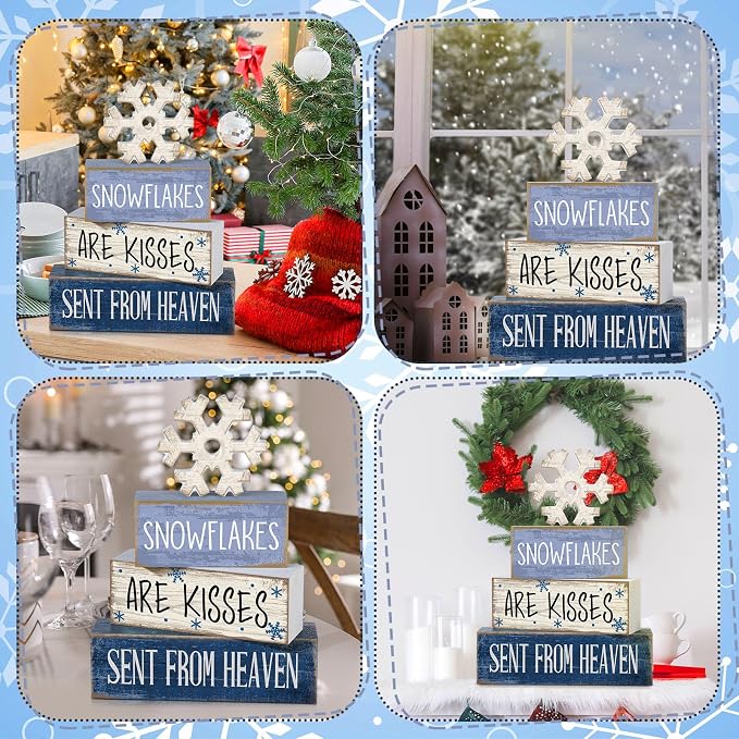 Lineshading 4 Pcs Wooden Snowflake Signs Farmhouse Tiered Tray Decor | Rustic Wooden Blocks for Tabletop or Mantel, Winter Home Decorations, Gift Set for Tiered Tray Filler