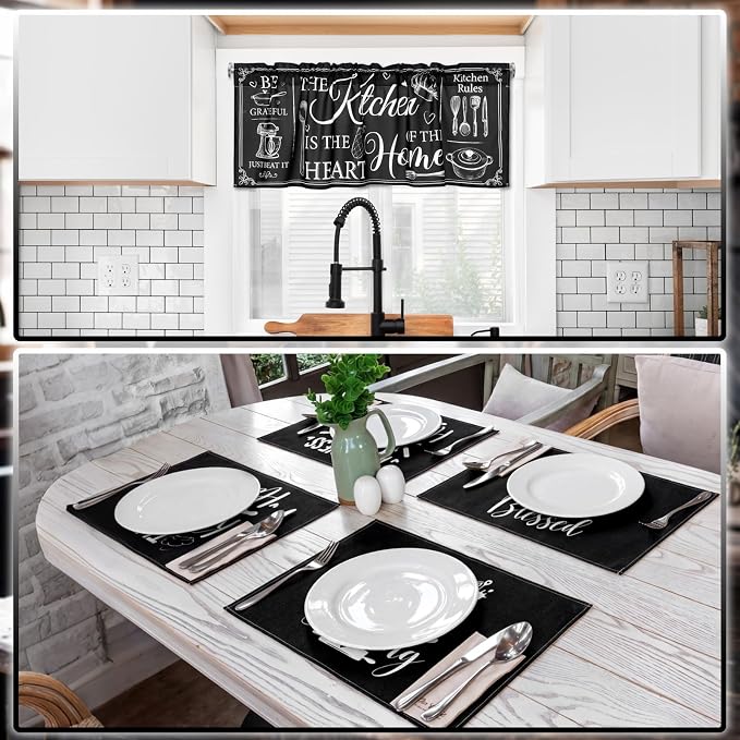 Fourluoo 16 Pcs Kitchen Decor Set, Farmhouse Kitchen Towels and Dishcloths Black White Quote Non Slip Rugs Mats for Floor Oven Mitts and Pot Holders Placemats Curtains Set for Home Decor Gift