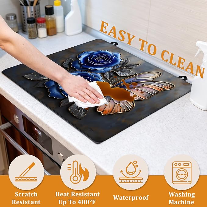 Stove Top Covers for Electric Stove,Blue Rose Flower Flat Top Stove Cover,Retro Butterfly Heat Resistant Glass Top Stove Cover Protector Anti-Slip Range Covers, 28 x 20 Inch