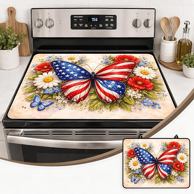 Patriotic Electric Stove Top Cover | Heat Resistant Glass Cooktop Protector for Kitchen Ceramic Countertops, Multiuse Stove Cover and Dish Drying Mat