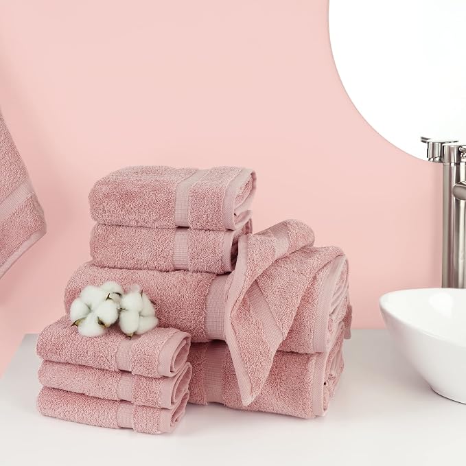 Chakir Turkish Linens Set of 8 Towel Set, 100% Cotton Luxury Turkish Towels for Bathroom, Soft Absorbent Bath Towel Set with 2 Bath Towels 2 Hand Towels 4 Washcloths, Pink