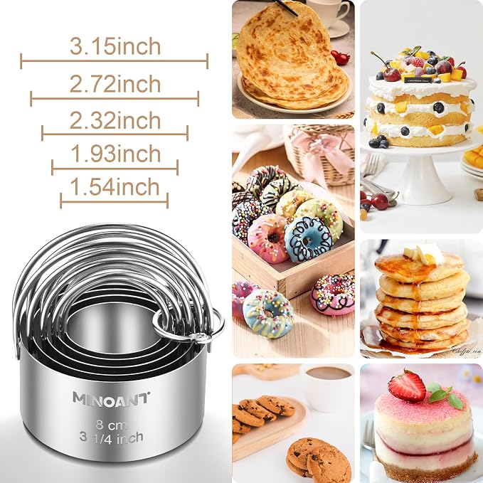 Round Cookie Cutters with Handle,Cookie Biscuit Cutter Set(5 Pieces/Set) | Stainless Steel Circle Cutters Donut Cutter Mold Tool with Ring for Baking, Biscuits, Cakes, Sandwiches