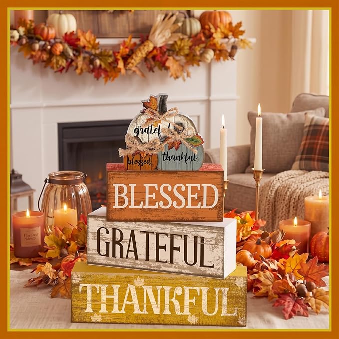 Lineshading 4 Pcs Stacked Pumpkin Block Signs, Fall Thanksgiving Decor | Rustic Wooden Signs with Grateful Blessed Thankful Words, Farmhouse Tabletop Centerpiece for Autumn Tiered Tray Decorations