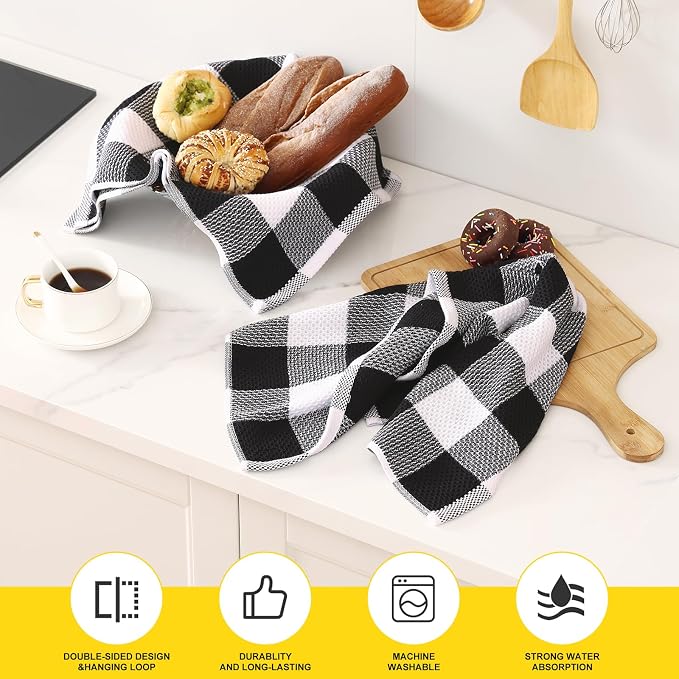 Homaxy Kitchen Towels and Dishcloths Set, Set of 8, White & Black | Bulk Cotton Waffle Weave Check Plaid Kitchen Towels, Super Soft and Absorbent Dish Cloths, 12 x 12 and 20 x 28 Inches