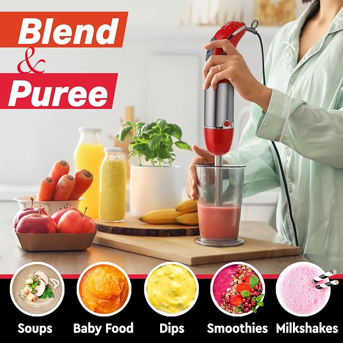 Mueller Multistick 5-in-1 Immersion Blender Handheld, 12-Speed Hand Mixer | Turbo Boost, Heaviest Duty Copper Motor, Titanium Blades Hand Blender, Milk Frother Wand, Whisk, Beaker, Chopper, Red
