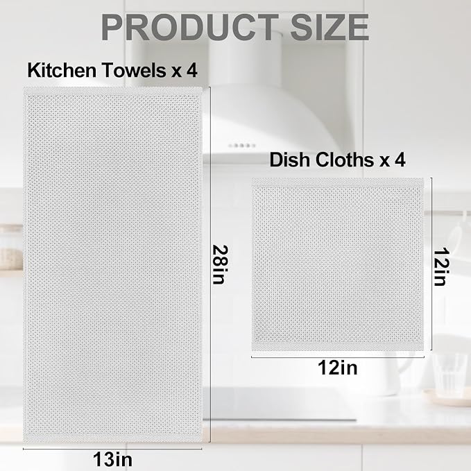 Homaxy 8 Pack 100% Cotton Kitchen Towels and Dishcloths Set, Light Gray | 12 x 12 Inches and 13 x 28 Inches Kitchen Towels Set, Ultra Soft Absorbent Dish Cloths for Washing Dishes