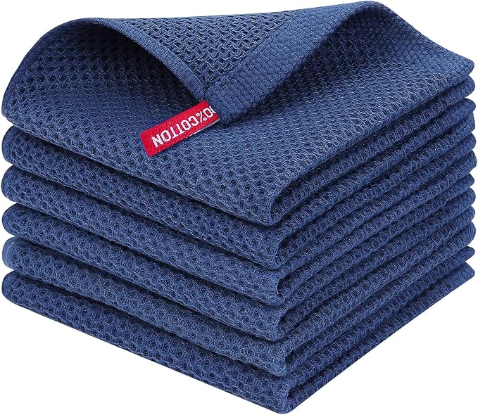 Homaxy 100% Cotton Waffle Weave Kitchen Dish Cloths 6-Pack, Navy Blue | 12 x 12 Inches, Ultra Soft Absorbent Dish Towels, Quick Drying Dish Rags with Hanging Loop