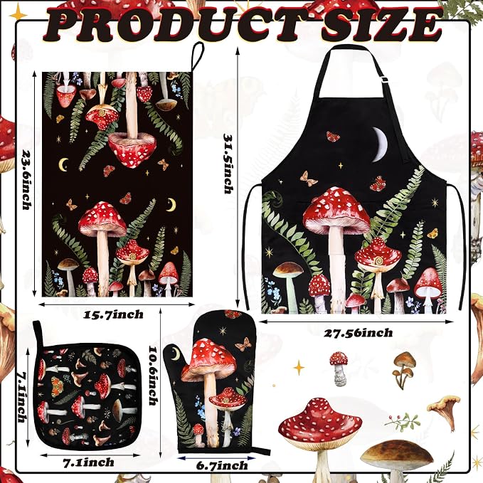7 Pcs Mushroom Kitchen Linen Set - Durable Polyester Apron, 2 Quick-dry Towels, Oven Mitt & Pot Holders, Aesthetic Cottagecore Decor, Red Mushroom Gifts for Women, Housewarming Gift