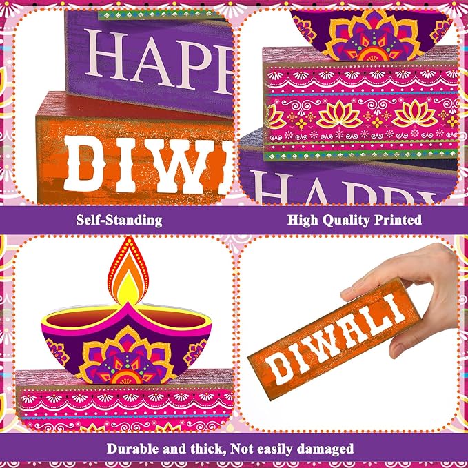 Lineshading 4 Pcs Wooden Diwali Tiered Tray Decor, Block Signs for Home | Rustic Farmhouse Style with Happy Diwali Lamp Design, Stackable Blocks for Tiered Tray, Festival Home Gift Decor