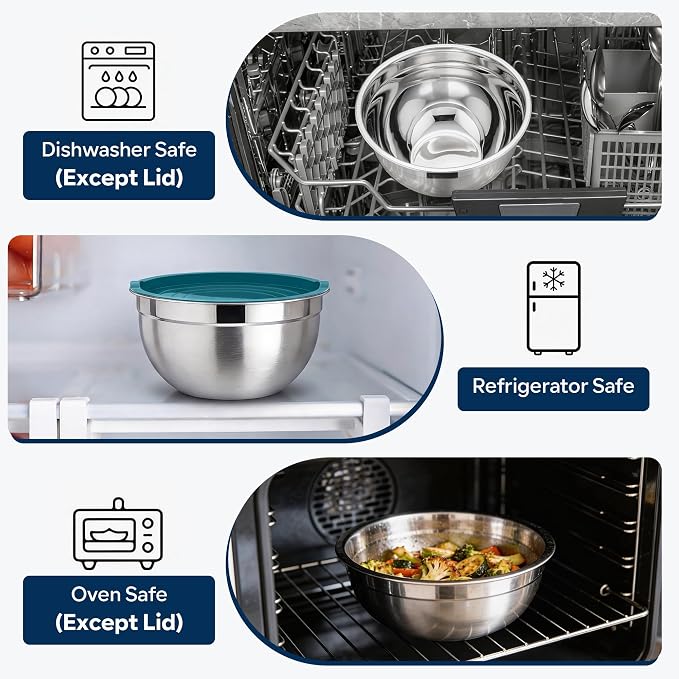 E-far Mixing Bowls with Lids Set, Stainless Steel Cooking Salad Bowls, Blue | 10-Piece Metal Nesting Bowls with Airtight Lid for Kitchen Storage, Baking & Prepping, Dishwasher Safe, 0.7/1.5/2.1/3/4.6 QT