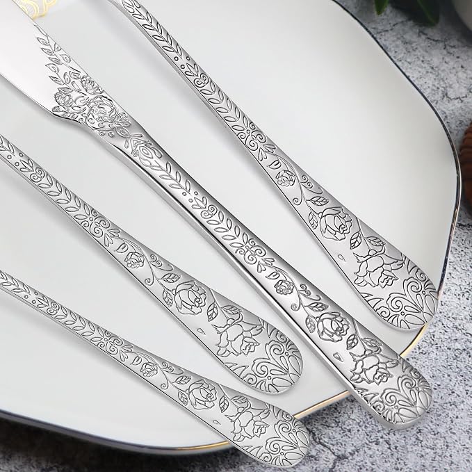 Floral Silverware Set 6 Silvery Flatware Stainless Steel with Delicate Engraved Rose Flower Embossed Design Complete 30 Piece Cutlery for Restaurant Utensils Home Kitchen Daily Use