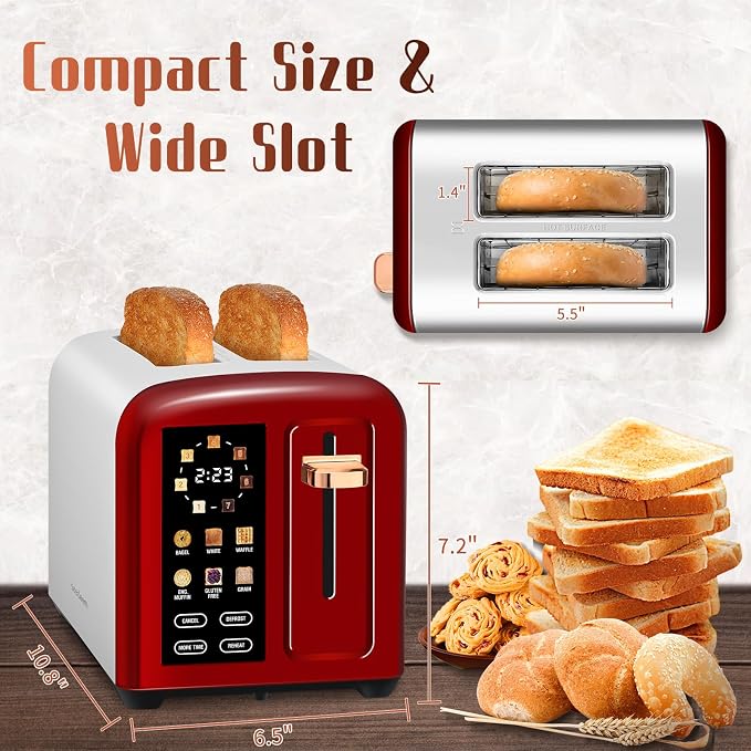 SEEDEEM 2-Slice Touchscreen Toaster, Stainless, 7 Shade, 1350W, Red