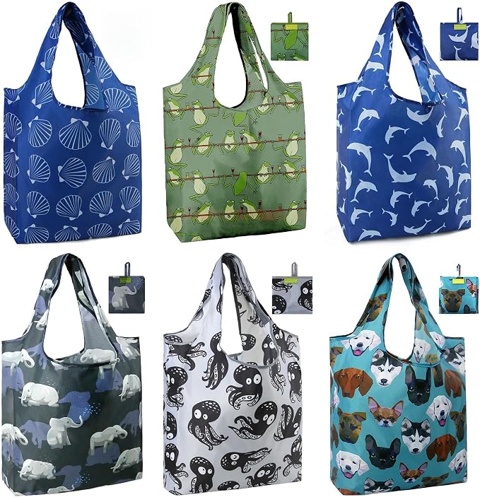 BeeGreen Animal Reusable Shopping Bags Cute Grocery Bag 6 Pack, Christmas Gift Bags Heavy-Duty Foldable Shopping Totes for Supermarket, Work & Travel, Large Washable Polyester Tote Bag with Handles
