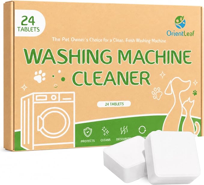 ORIENTLEAF Washing Machine Cleaner for Pet Owners, 24 Tablets 1 Year Supply | Fragrance-free enzyme washer tablets for pet homes; help clean washer residue, less plastic and easy to store