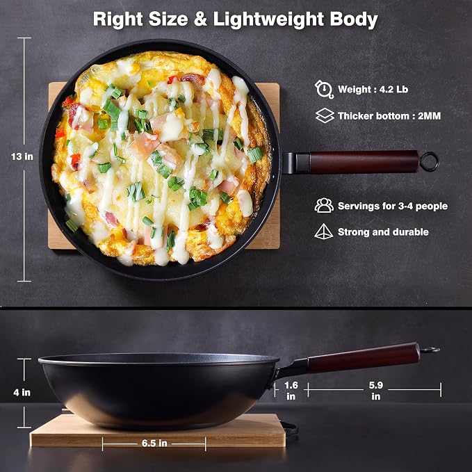 Teewe Carbon Steel Wok -13 Inch Woks & Stir-fry Pans Nonstick, Wok Pan with Glass Lid Spatula and Dish Brush: Pre-Seasoned Flat Bottom Chinese Wok for Induction, Electric, Gas, All Stoves