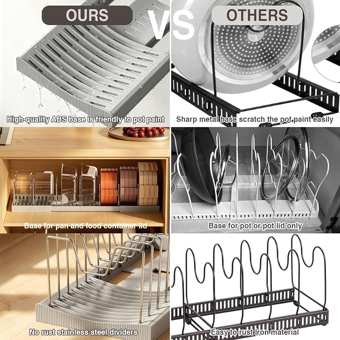 Magheo Pots and Pans Organizer Under Cabinet, Expandable 12.6"-22.8" Kitchen Cabinet Organizer Holder with 10 Adjustable Dividers for Food Storage Container Lid, Cookie Sheet, Cookware(1 Pack, Gray)