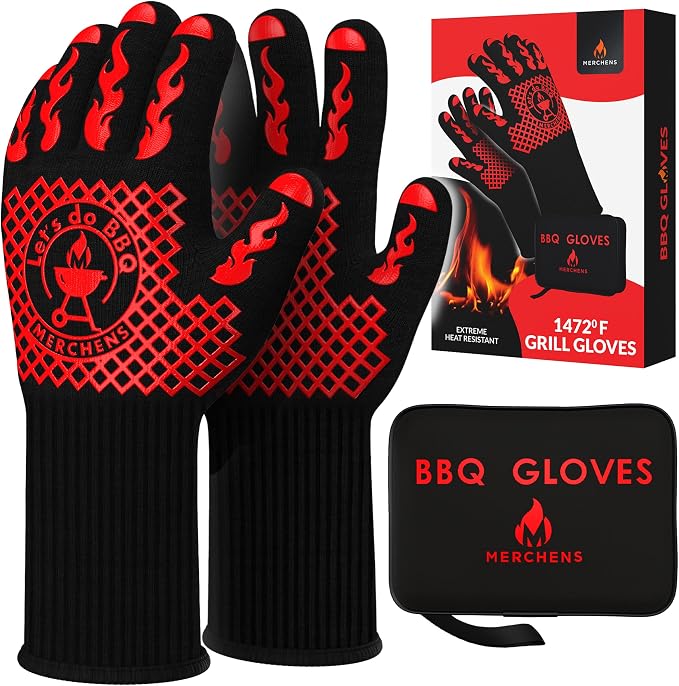 BBQ Grill & Oven Gloves 1472°F Heat Resistant | Storage Case & Gift Box | Fireproof, non-slip silicone mitts, extra-long protection for grilling, smoking & baking | Pro Series BBQ gloves - Easy clean