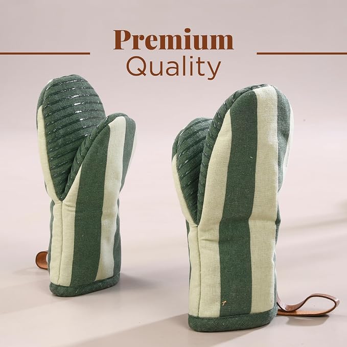 Folkulture Oven Mitts, Matcha Green, Set of 2, Heat Resistant - (5.75"x9") | 100% Cotton, Non Slip, Silicone, Cute Striped Mini Mits with Hanging Loop, Kitchen Décor, Cooking Gifts, New Home Essentials