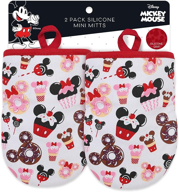Disney Mickey & Minnie Mini Oven Mitts, 2-Pack, Heat Resistant 450F | Compact 5.5"x7.5" pot holders for kitchen, printed silicone offers non-slip grip, ambidextrous, hand wash or spot clean