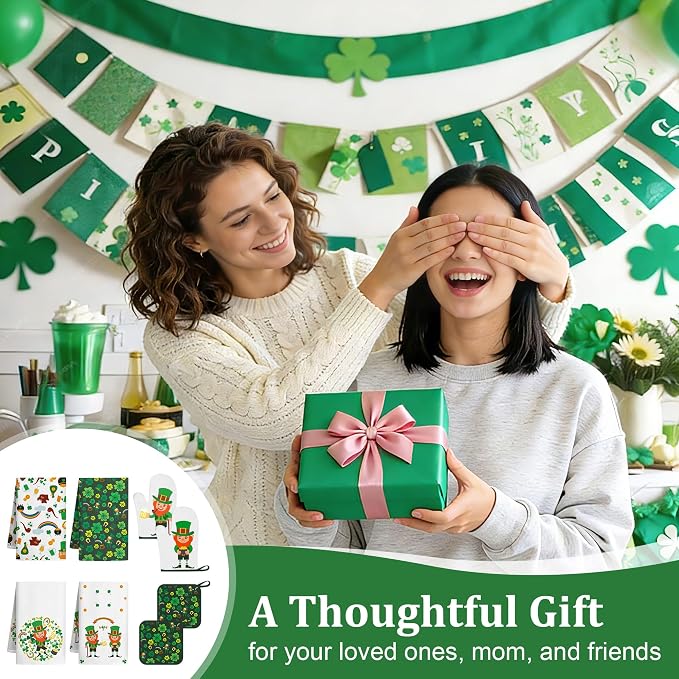 8 PCS St Green Kitchen Decor Sets Irish Leprechaun Shamrock Clover 4 Kitchen Dish Towels 2 Pot Holders 2 Oven Mitt Green Decoration Accessories for Cooking Baking Home Camp Spring