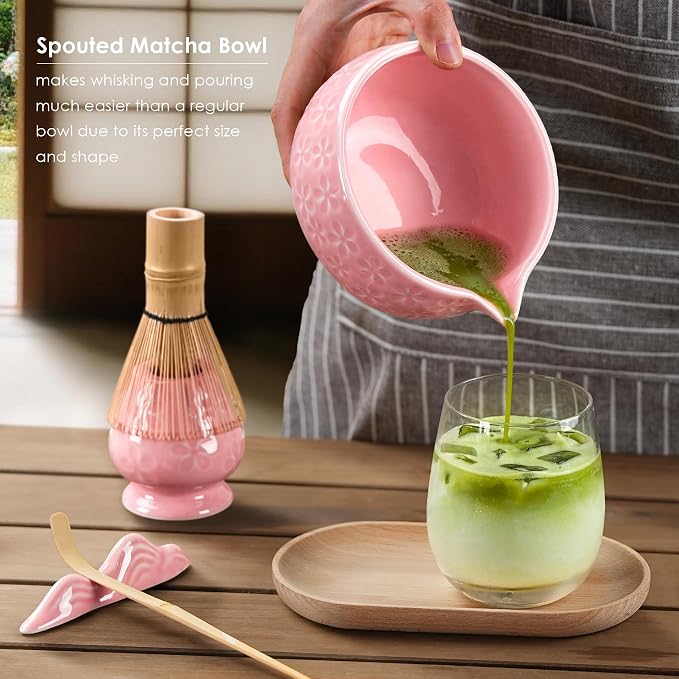 7Pcs Matcha Whisk Set, Matcha Set Whisk and Bowl,Bamboo Scoop, Scoop Rest, Sifter and Tea Towel, Matcha Kit W/Carved Cherry Blossm Pattern for Matcha Lovers (Sakura Pink) | Bamboo Scoop, Scoop Rest, Sifter and Tea Towel, Matcha Kit W/Carved Cherry Blos...