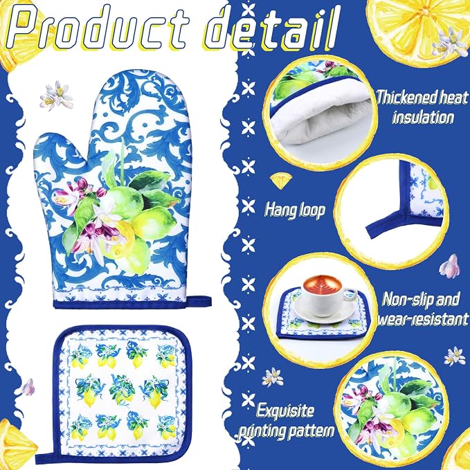 Bencailor 6 Pcs Lemon Kitchen Towels Oven Mitts and Pot Holders Set Decorative Dish Towels Tea Washcloth Non Slip Heat Resistant Oven Gloves for Summer Home Cooking Baking, Blue, Gold