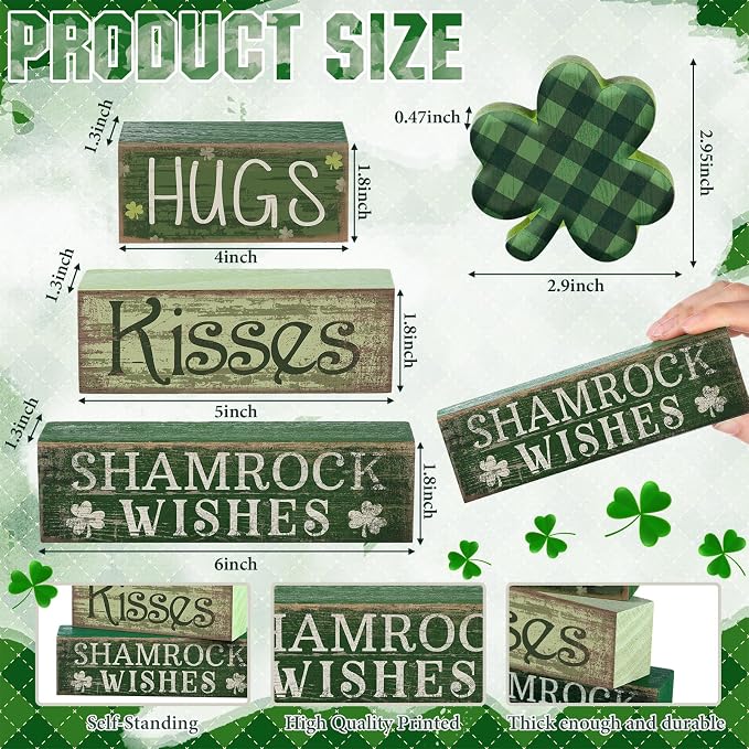 Lineshading 4 Pcs Shamrock Wooden Block Signs for Tiered Tray Home Decor | Rustic Farmhouse Table Ornaments, Buffalo Plaid Clover Topper, Stacked Signs Hugs Kisses Shamrock Wishes, St Patrick Decor