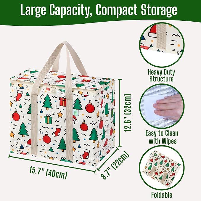 VENO 2 Pack Insulated Cooler Bag for Food Delivery, Reusable Grocery Bag | Heavy Duty Large Collapsible Cooler Shopping Tote w/ Zippers, Foldable, Stands Upright for Camping Picnic(Jingle Mix, 2 Pack)