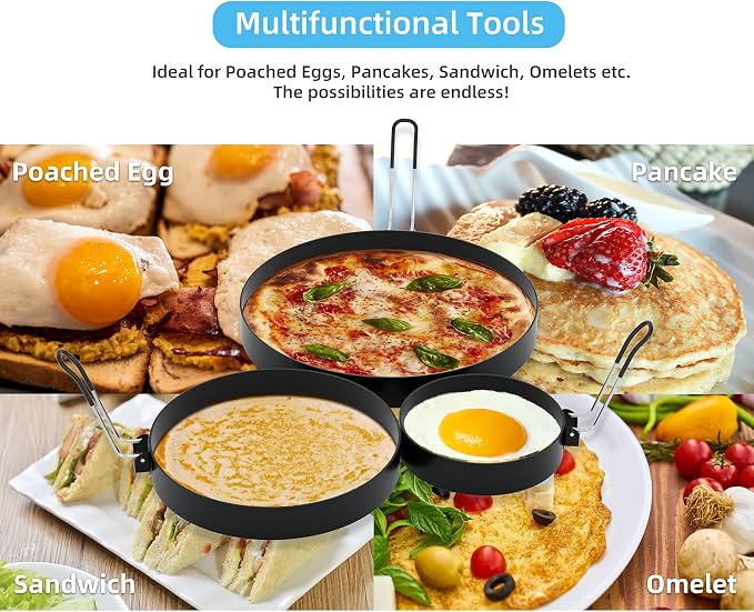 8 Inch Omelette Ring, 6 Inch Pancake Ring and 3.5 Inch Egg Ring | Upgrade 3 Pack Assorted Size Nonstick Stainless Steel Round Cooking Rings Molds with Oil Brush & Egg Separator for Griddle