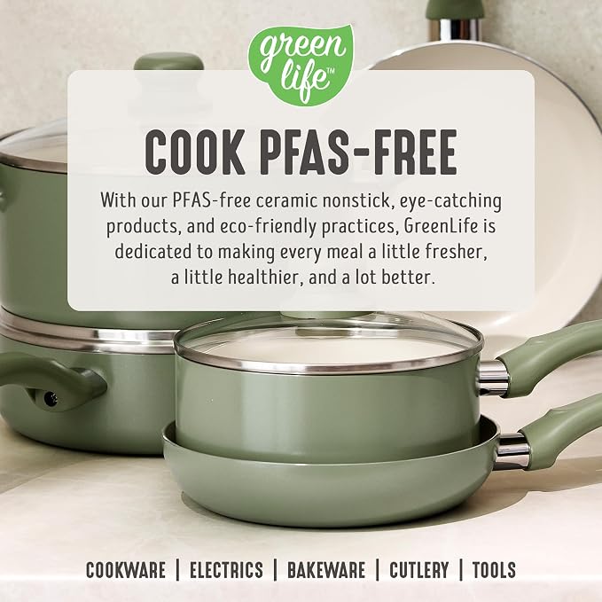 GreenLife 2 Piece (8" & 10") Ceramic Nonstick Skillet Set, Sage Green | PFAS-Free Nonstick Coating, Frying Pans, Omelet Pans, Everyday Pan, Induction Ready, All Stovetop Compatible, Dishwasher Safe