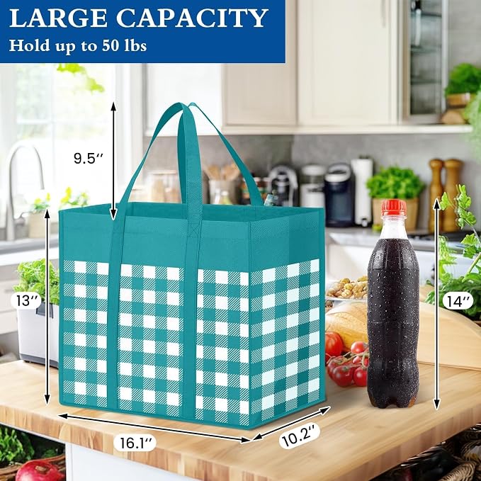 Reusable Grocery Shopping Bags 10 Pack Large Foldable Tote Bags Bulk | Eco Produce Bags with Long Handle for Shopping Groceries Clothes (Plaid B)
