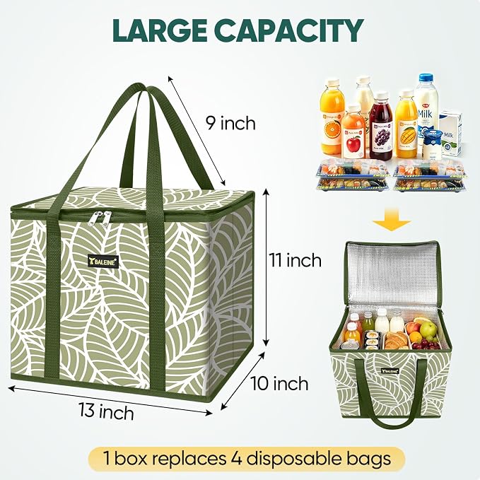 BALEINE 1PK Insulated Reusable Grocery Bag, Heavy Duty Shopping Tote | Foam & Foil Insulation, 9" Long Handles, Reinforced Bottom Keeps Upright, Fold Flat Storage, Water-Resistant Shopping Bag