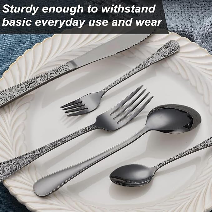 Runfly Vintage Carved Black Stainless Steel 20-Piece Flatware Set | Silverware Set, Modern Embossed Cutlery Set Utensils Kitchen Including Fork Spoon and Knife