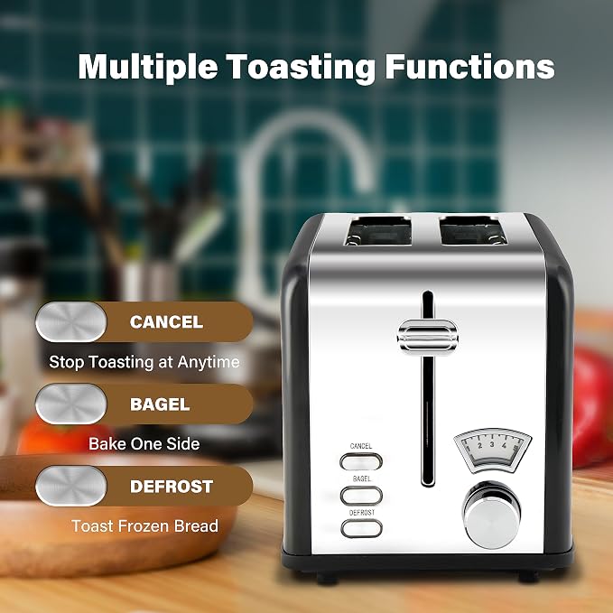 YSSOA 2-Slice Toaster with Extra Wide Slot & Removable Crumb Tray, 5 Browning Setting and 3 Function: Bagel/Defrost/Cancel, Retro Stainless-Steel Style, for Bread & Waffle, Black