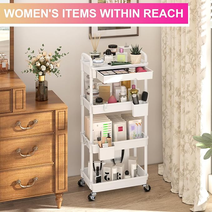 Goovilla 4 Tier Rolling Utility Cart Organizer with Removable Drawer, White | Stable and Sturdy Rolling Storage Carts with 2 Lockable Wheels for Bathroom, Kitchen, Snack, Craft, Makeup, Baby Essentials