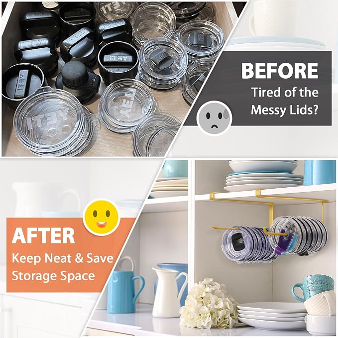 2 Pack Tumbler Lid Organizer, Versatile Storage Holds 20 Lids, Round&Flat | Space Saving Cup Lid Organizers Inside Cabinet Tumbler Lid Hook for Pantry Kitchen Organizer, Paper Towel Rack Hanger, Gold