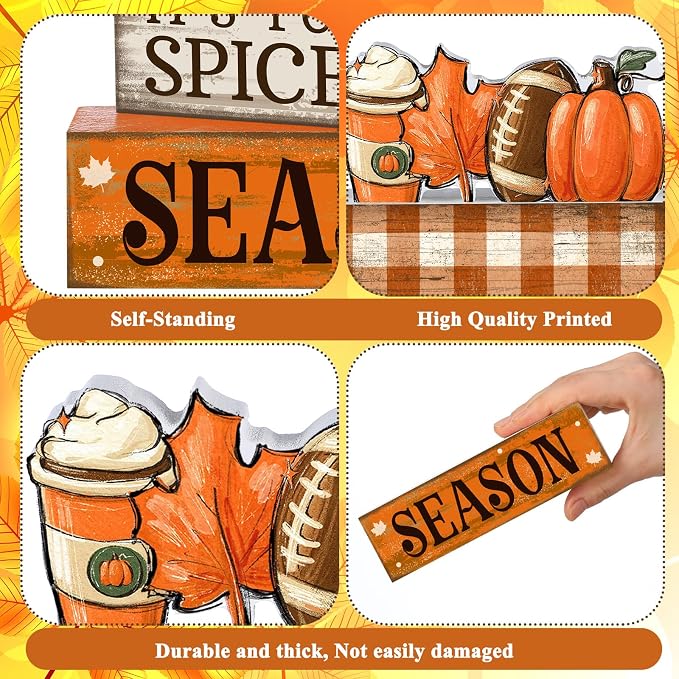 Fall Football Decorations For Home Thanksgiving Coffee Bar Table Decor | Rustic Home Tabletop Decor, Pumpkin Spice Falling Leaves Apple Cider Autumn Theme, Stackable Wooden Blocks Gift Idea Set