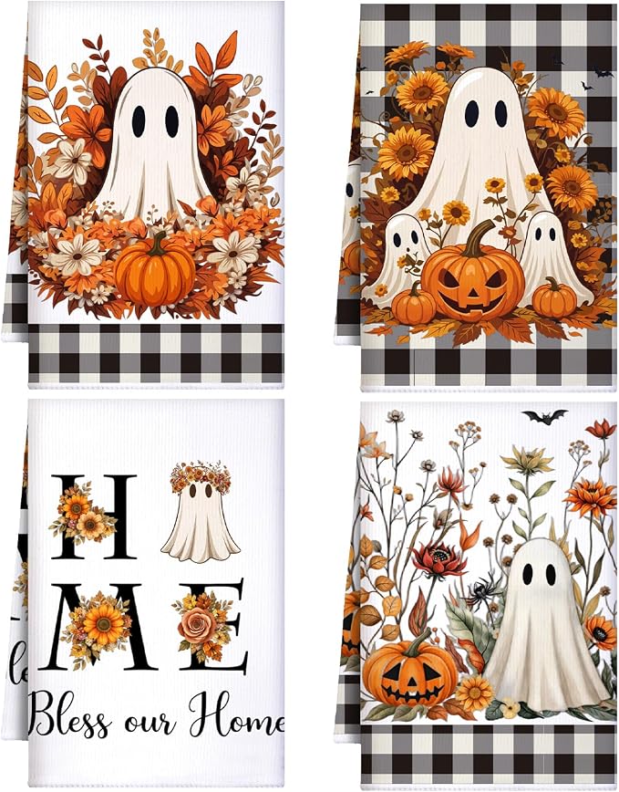 4 Pcs Fall Kitchen Towels, Ghost Pumpkin Hand Dish Clothes Gifts | Absorbent Fast Drying Decorative Towels, Buffalo Plaid Farmhouse Halloween Kitchen Decor, Housewarming Gifts
