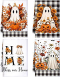 4 Pcs Fall Kitchen Towels, Ghost Pumpkin Hand Dish Clothes Gifts | Absorbent Fast Drying Decorative Towels, Buffalo Plaid Farmhouse Halloween Kitchen Decor, Housewarming Gifts