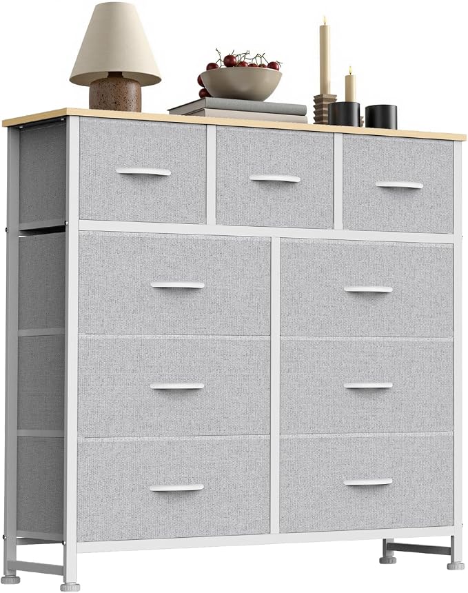 Sweetcrispy 9 Drawer Fabric Dresser Storage Tower Drawer Organizer, White | Sturdy Steel Frame with Wood-top, Easy-pull Handle, Space-Saving Organizer Chest for Bedroom, Closet, Lightweight and Stable
