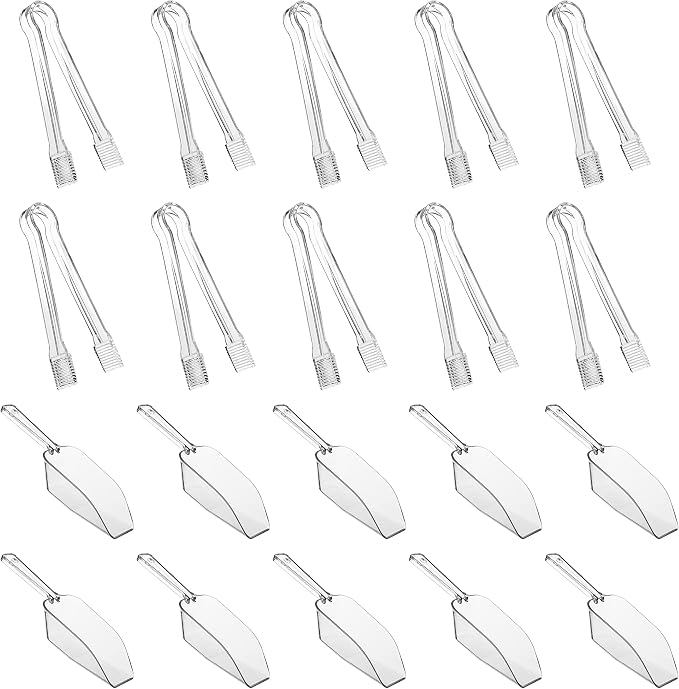 20 Combo Pack,10 Pieces Plastic Serving Tongs Mini Kitchen Tongs Kitchen Tongs Utility and 10 Pieces Plastic Kitchen Scoops Clear Ice Scoop Mini Clear Buffet Scoop for Candy Dessert Buffet Ice