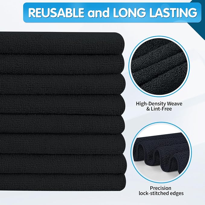 Black Microfiber Cleaning Cloth -Pack of 8, Highly Absorbent Cleaning Rags, 16"X12" All Purpose Cleaning Towels for Housekeeping, Kitchen, Car, Lint Free and Reusable Microfiber Towels