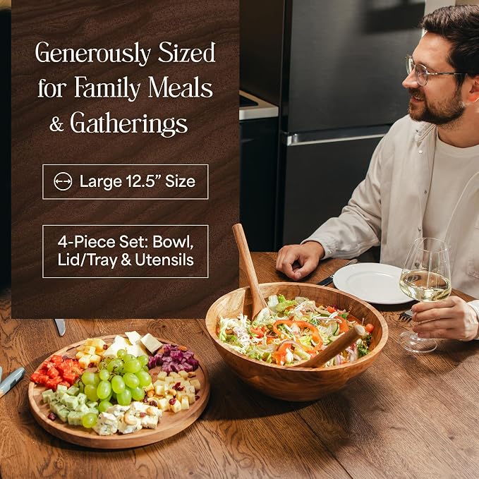 Large Wooden Salad Bowl Set 12.5 Inch with Serving Utensils, Tray Lid and Carry Strap. Acacia Wood Large Salad Bowls Ideal for Fruits and Dishes, Wooden Bowls for Food, Serving Bowl