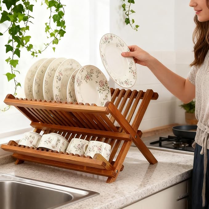 Utoplike Teak Wood Dish Drying Rack, Foldable Plate Organizer Countertop | Dishes Drainer Racks Collapsible, Small Holder for Cups, Bowls, Pans, Pots, Compact Kitchen Counter, 2 Tier, Space Saving